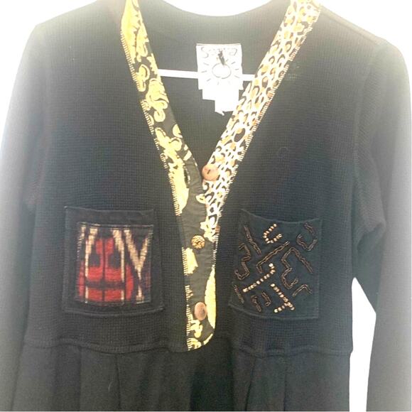 Surya Patch Beaded Midi Dress M Black Batik Accent Boho Patchwork Pockets Sheath - Picture 4 of 8